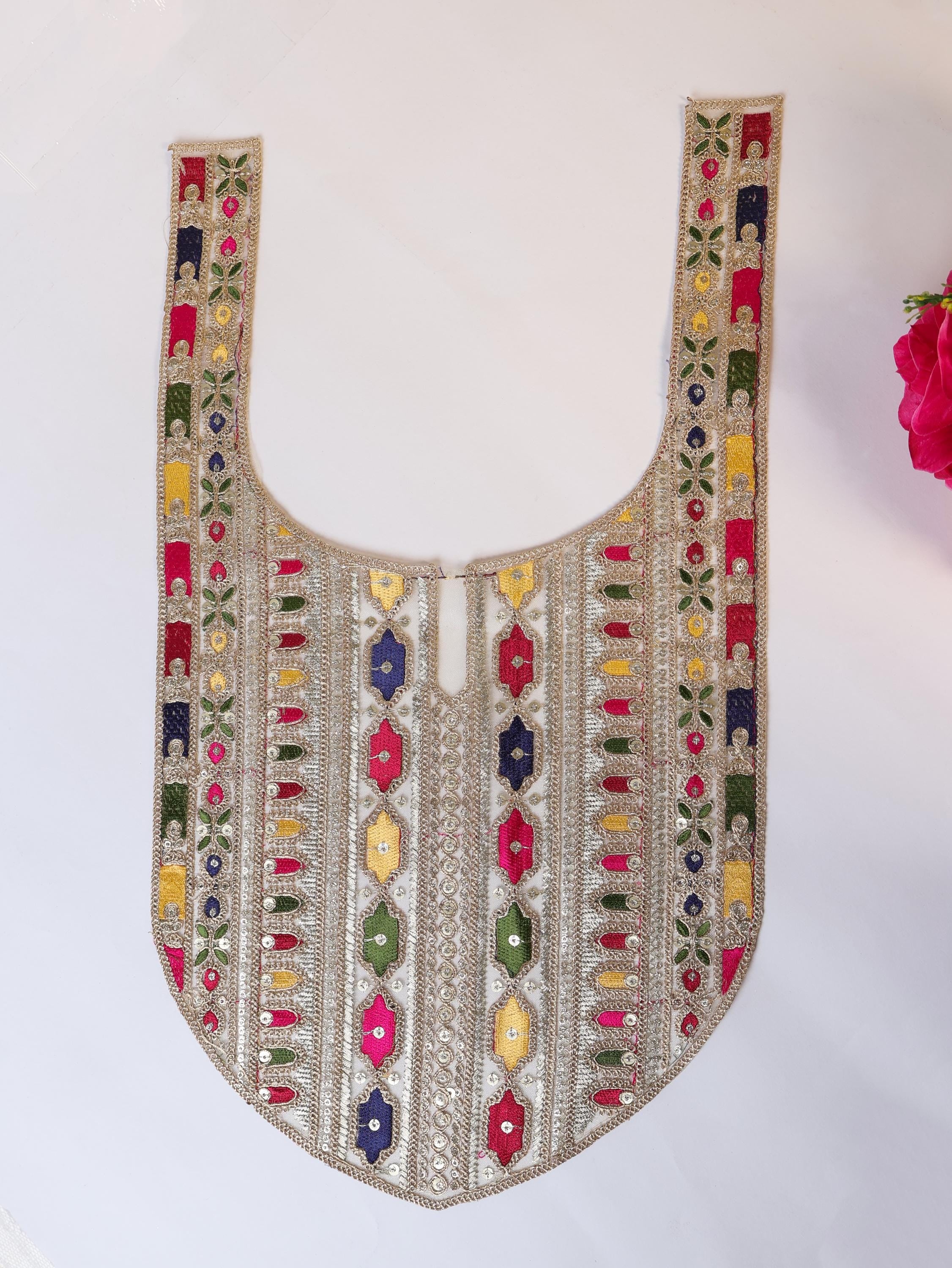 Embroidered Neckline Patch: Multi Color Zari Sequin Indian Applique