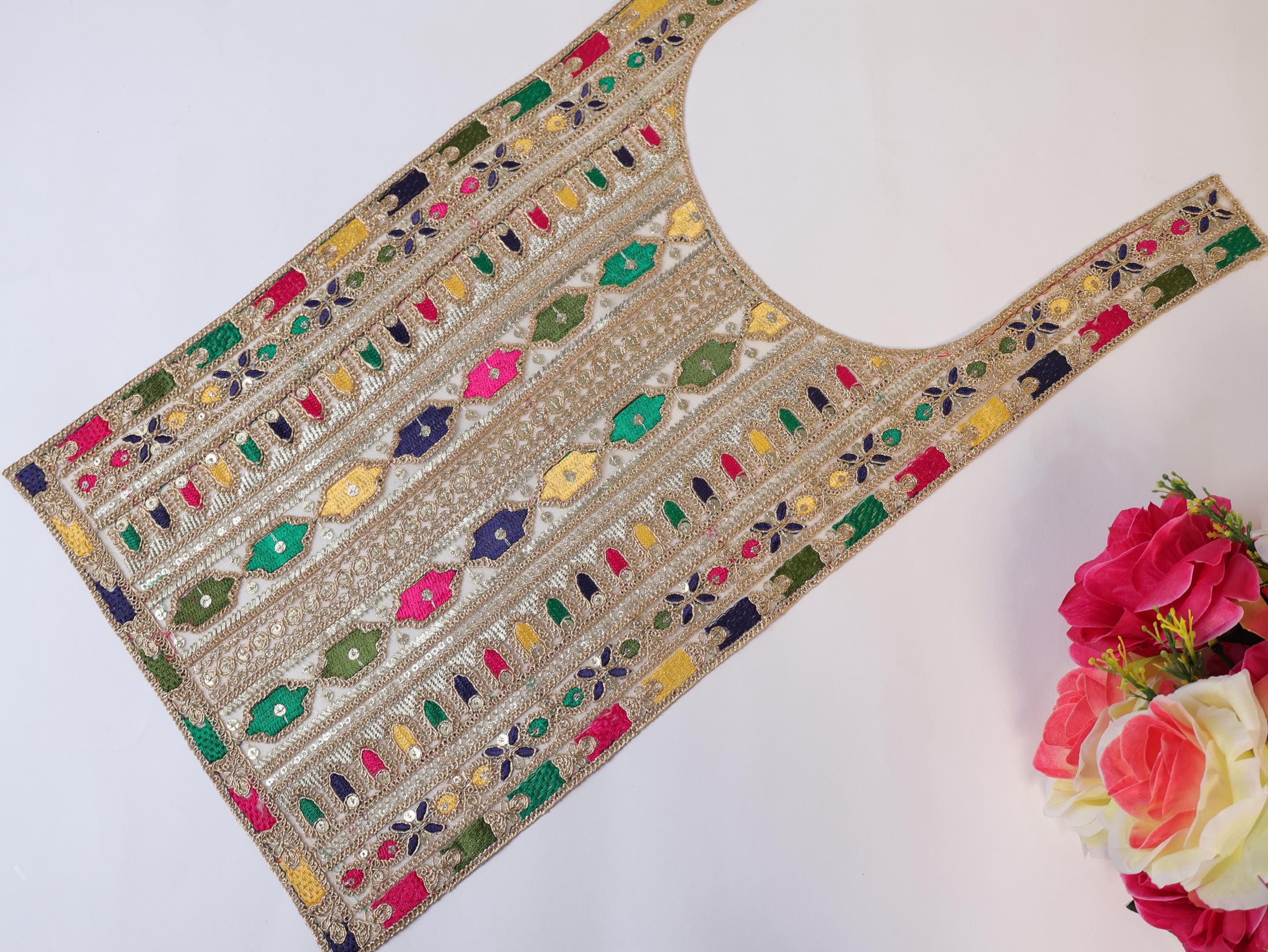 Embroidered Neckline Patch: Multicolor Zari Sequin Indian Applique