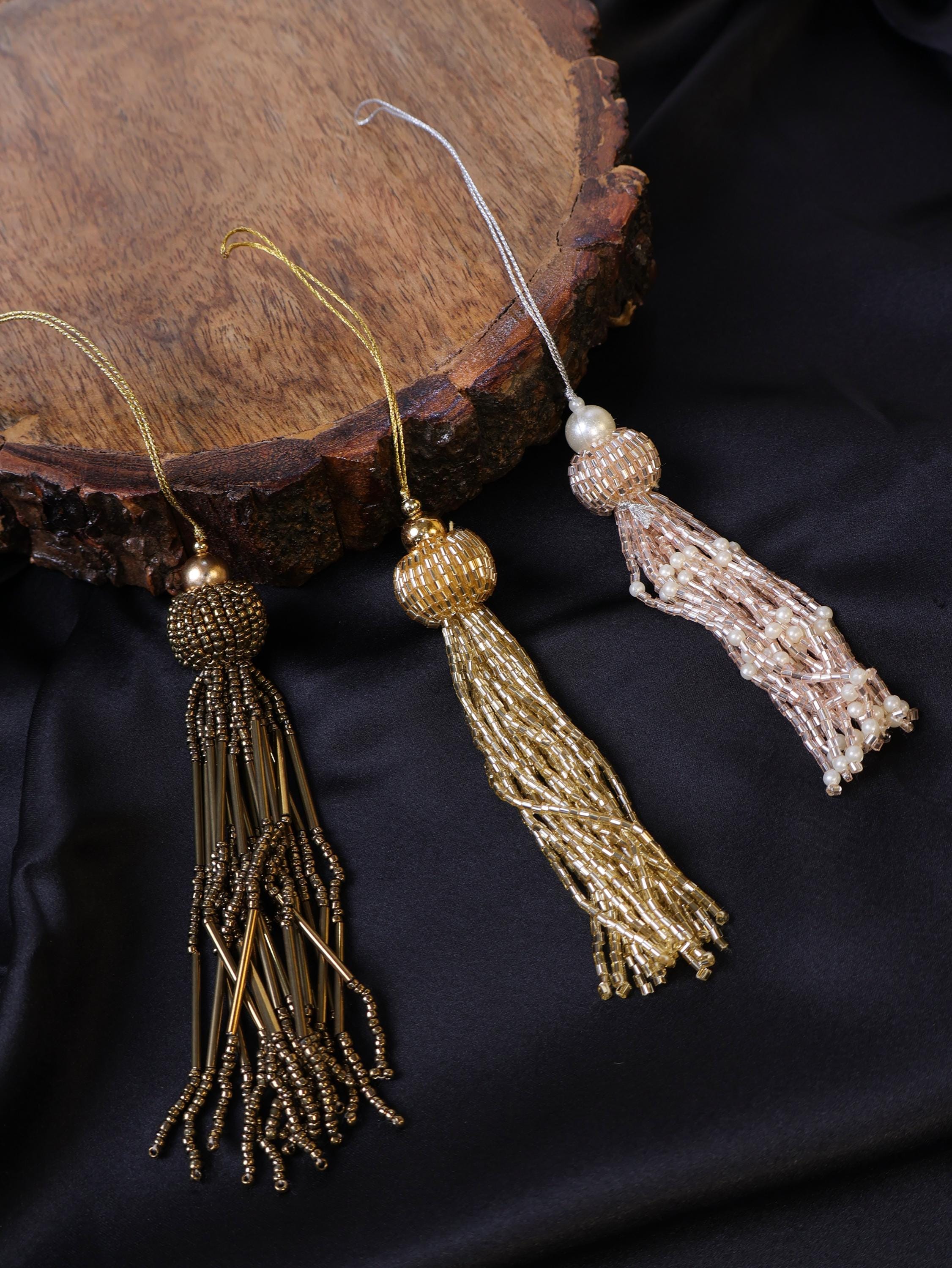 Handmade Beaded Tassels: Gold, Rose Gold, Bronze Embellishments (1 Pair)