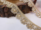 Pearl Zircon Scalloped Sari Lace Trim: Antique Gold/Rose Gold, 2cm 9 Yards