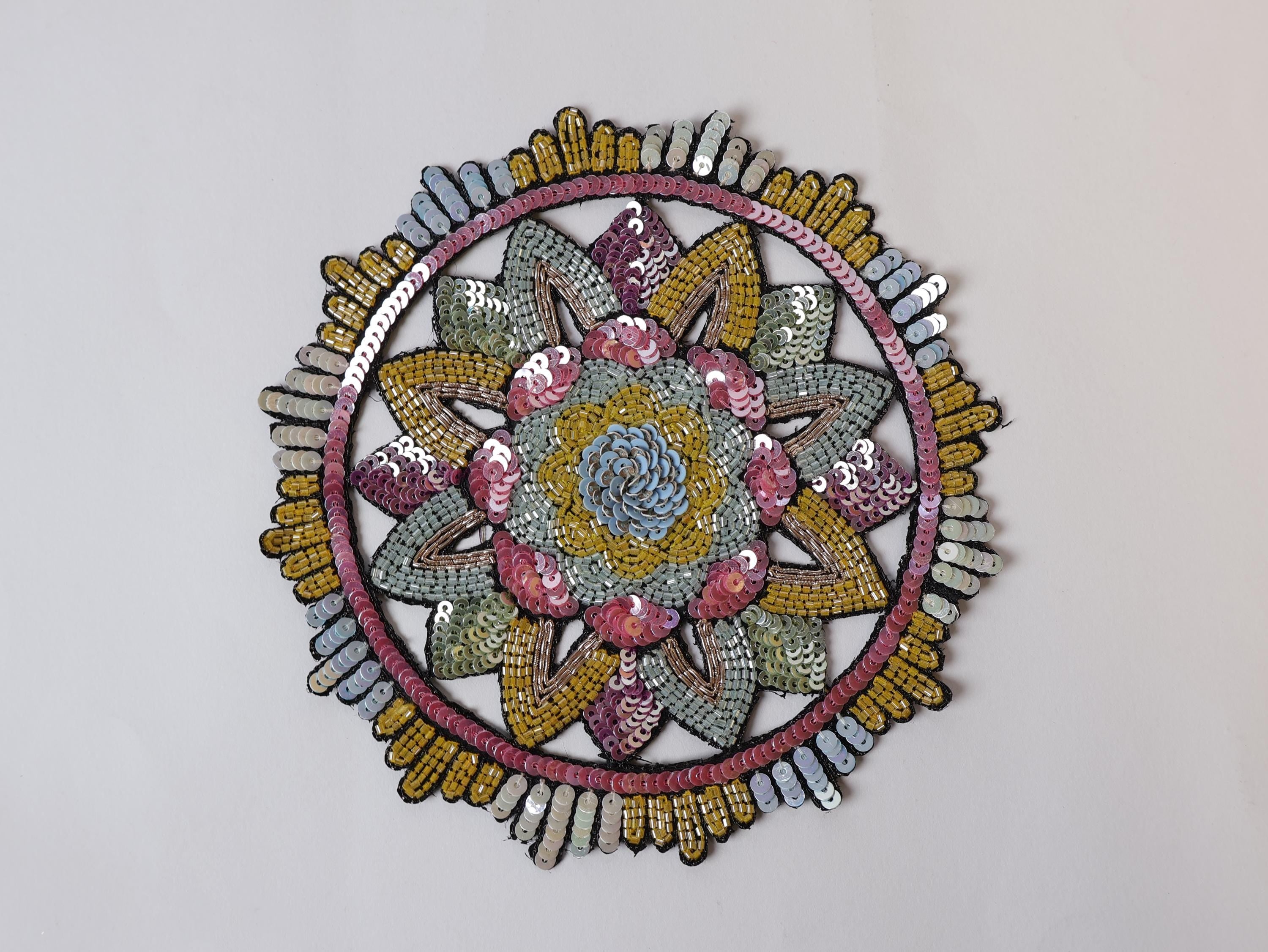 Hand-Embroidered Mandala Patch: Beaded Applique, Sew-On, 15cm