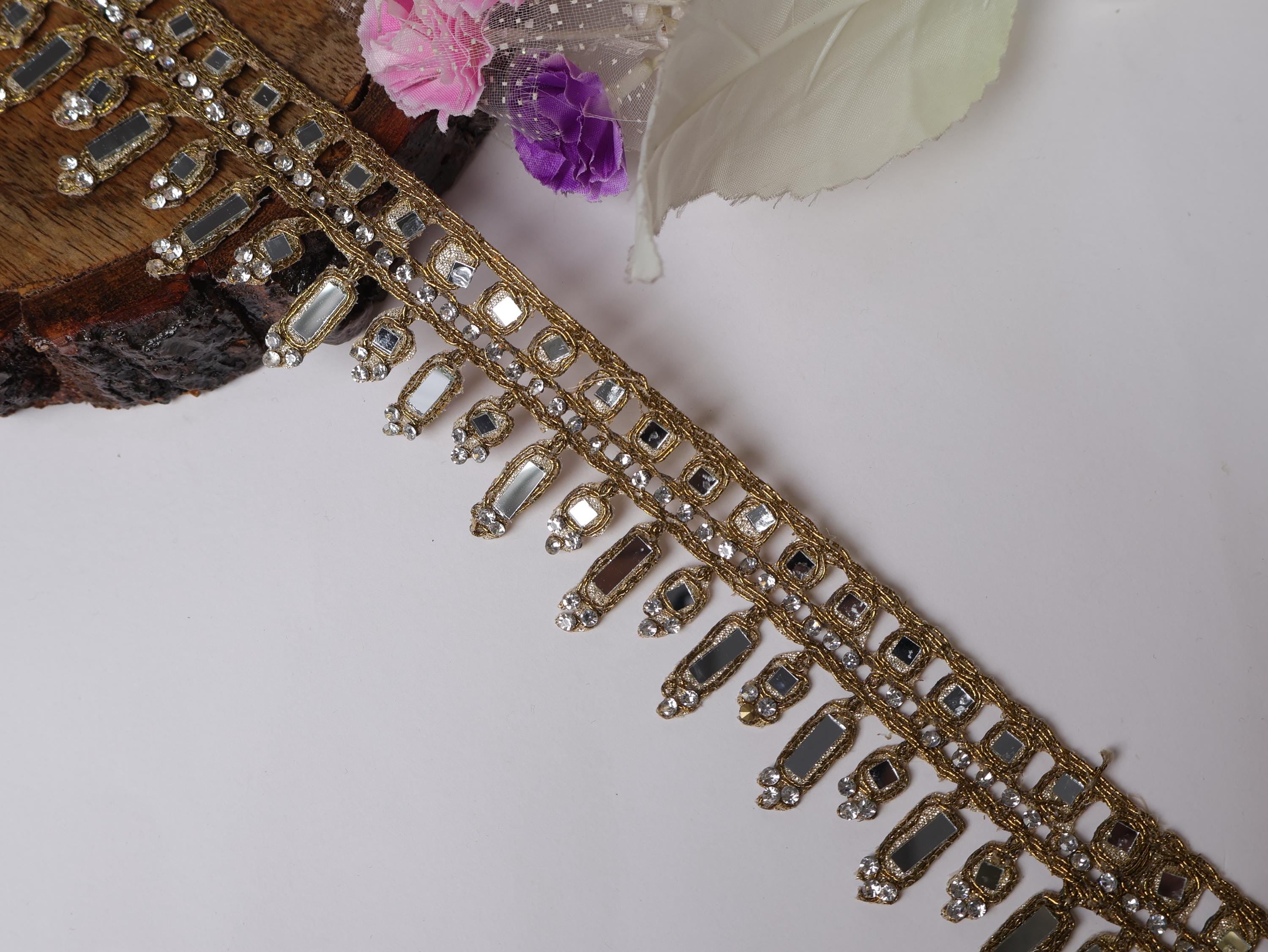 Antique Gold Mirror Lace Trim: Zircon Cutwork, Wedding Dress Embellishment (4.5cm)