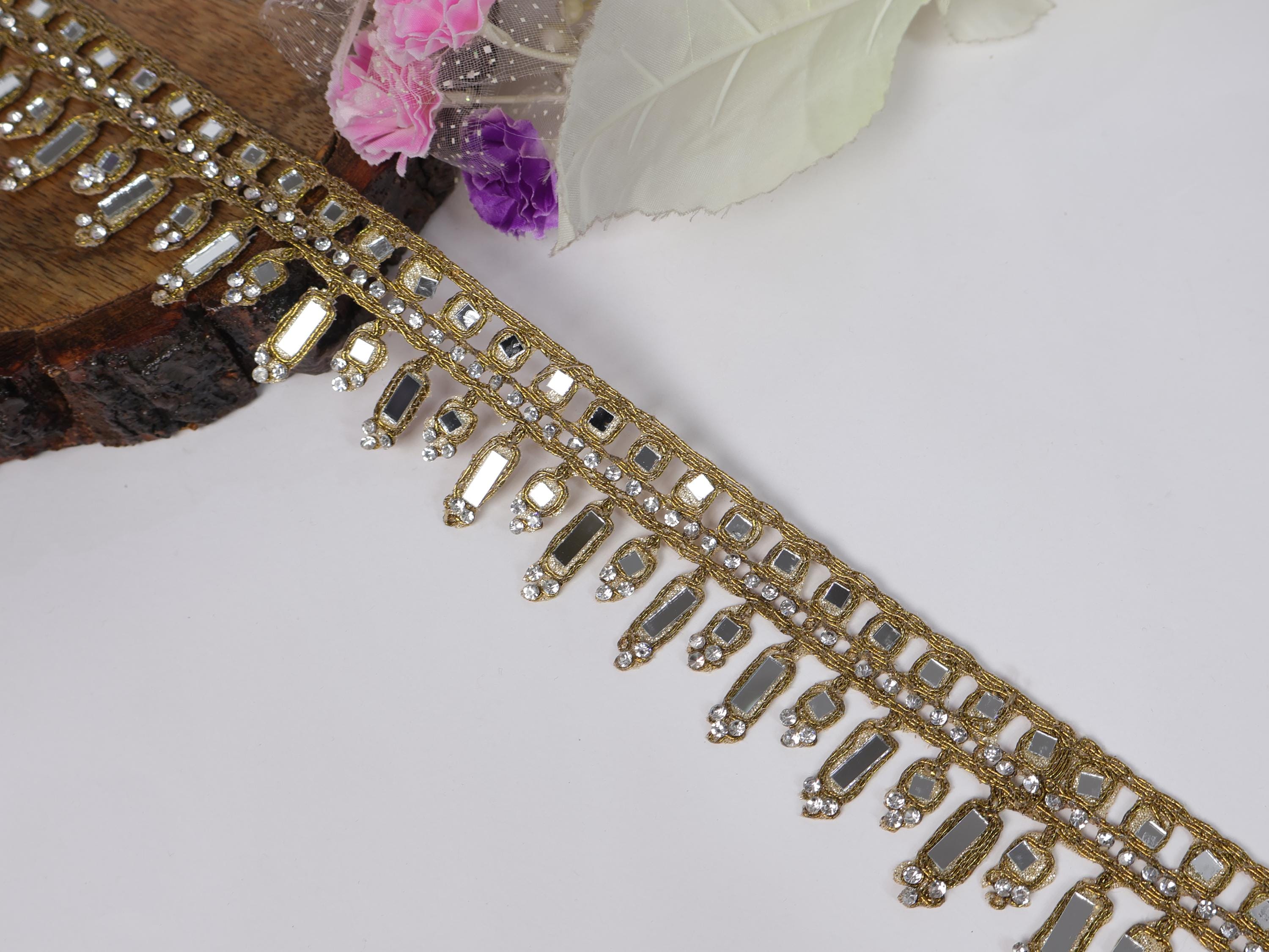 Antique Gold Mirror Lace Trim: Zircon Cutwork, Wedding Dress Embellishment (4.5cm)