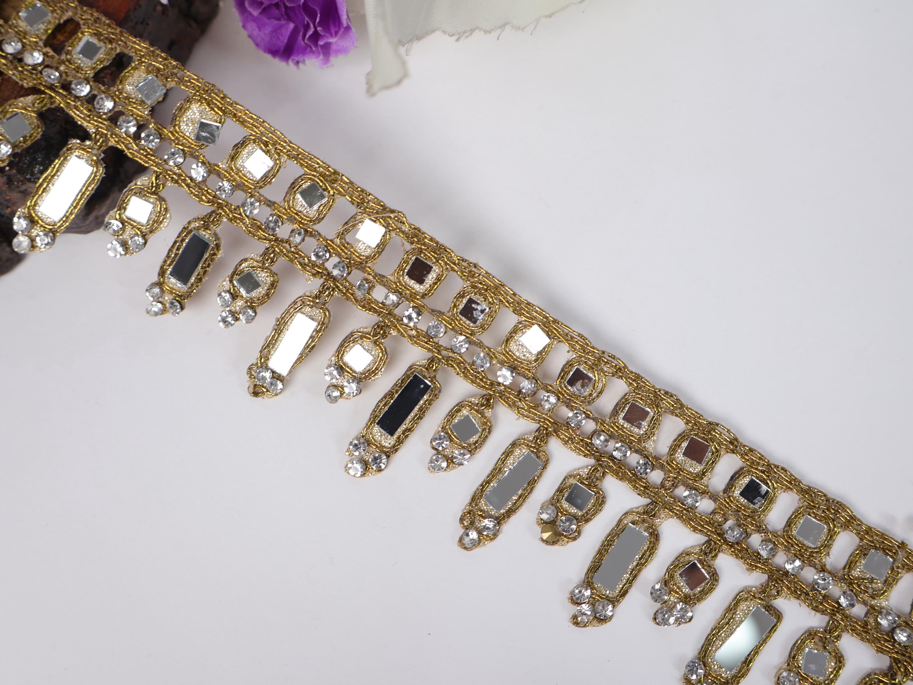 Antique Gold Mirror Lace Trim: Zircon Cutwork, Wedding Dress Embellishment (4.5cm)