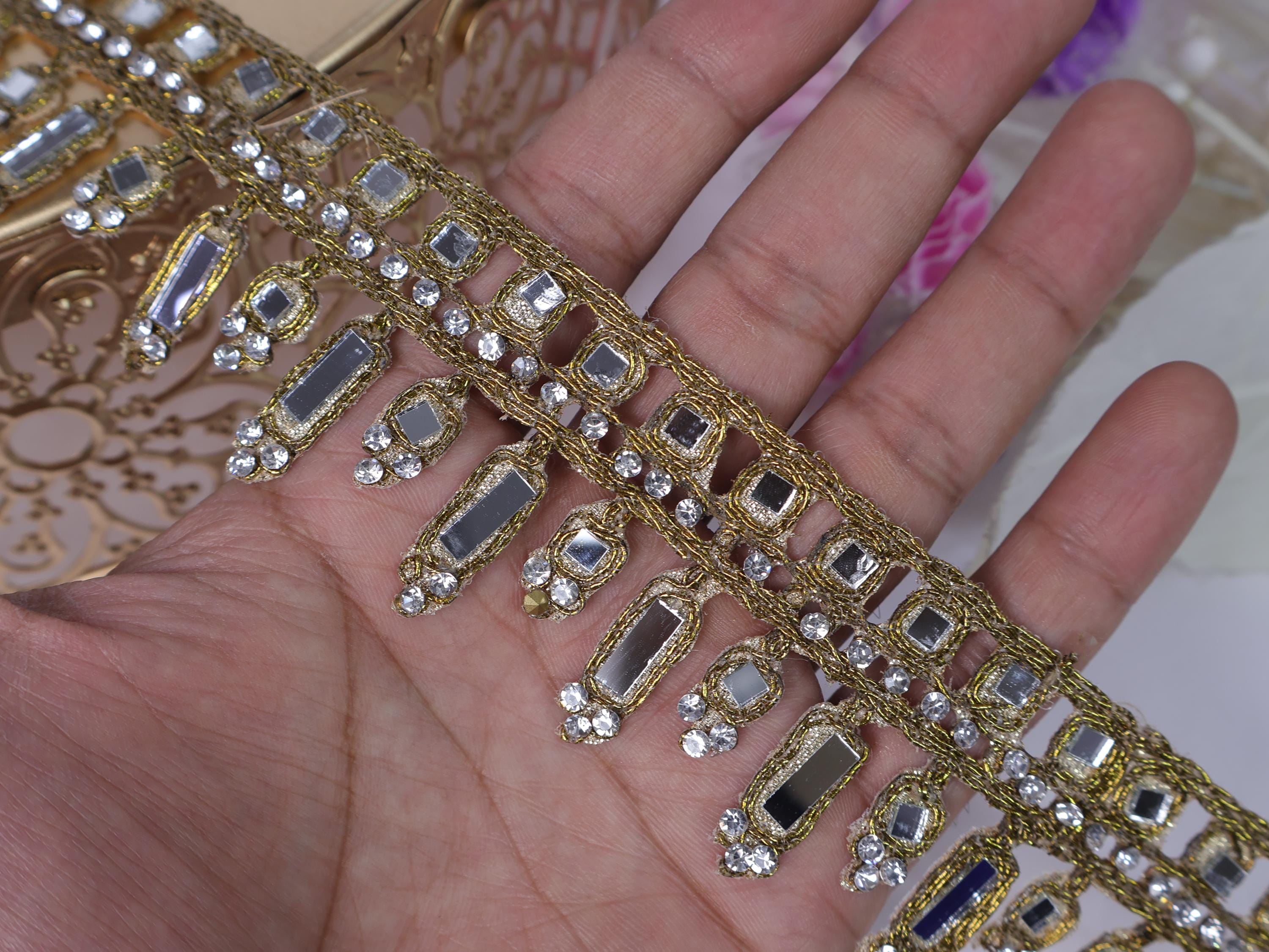 Antique Gold Mirror Lace Trim: Zircon Cutwork, Wedding Dress Embellishment (4.5cm)