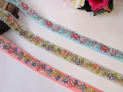 Zircon Studded Indian Lace Trim: Colorful Embroidered Ribbon, 9 Yards