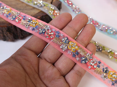 Zircon Studded Indian Lace Trim: Colorful Embroidered Ribbon, 9 Yards