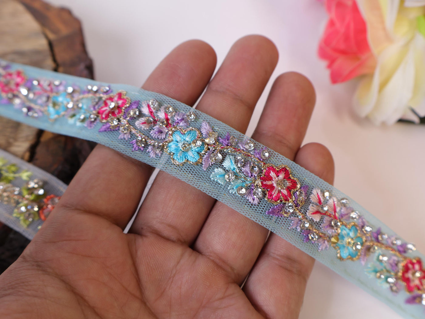 Zircon Studded Indian Lace Trim: Colorful Embroidered Ribbon, 9 Yards
