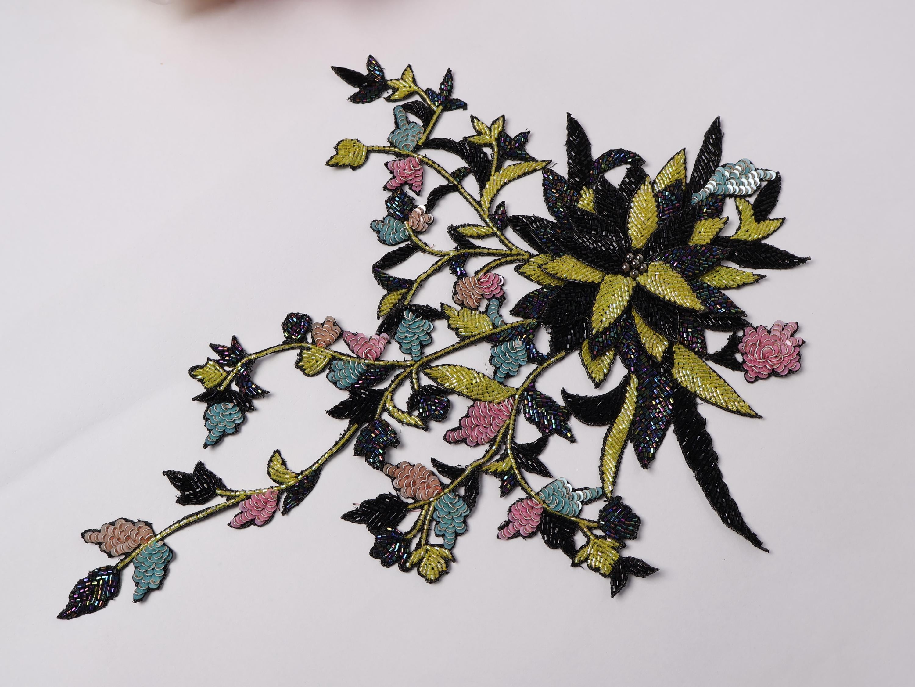 Hand Embroidered Floral Applique Patch: Indian Golden Multicolor Sew-On (27 x 24 cm)