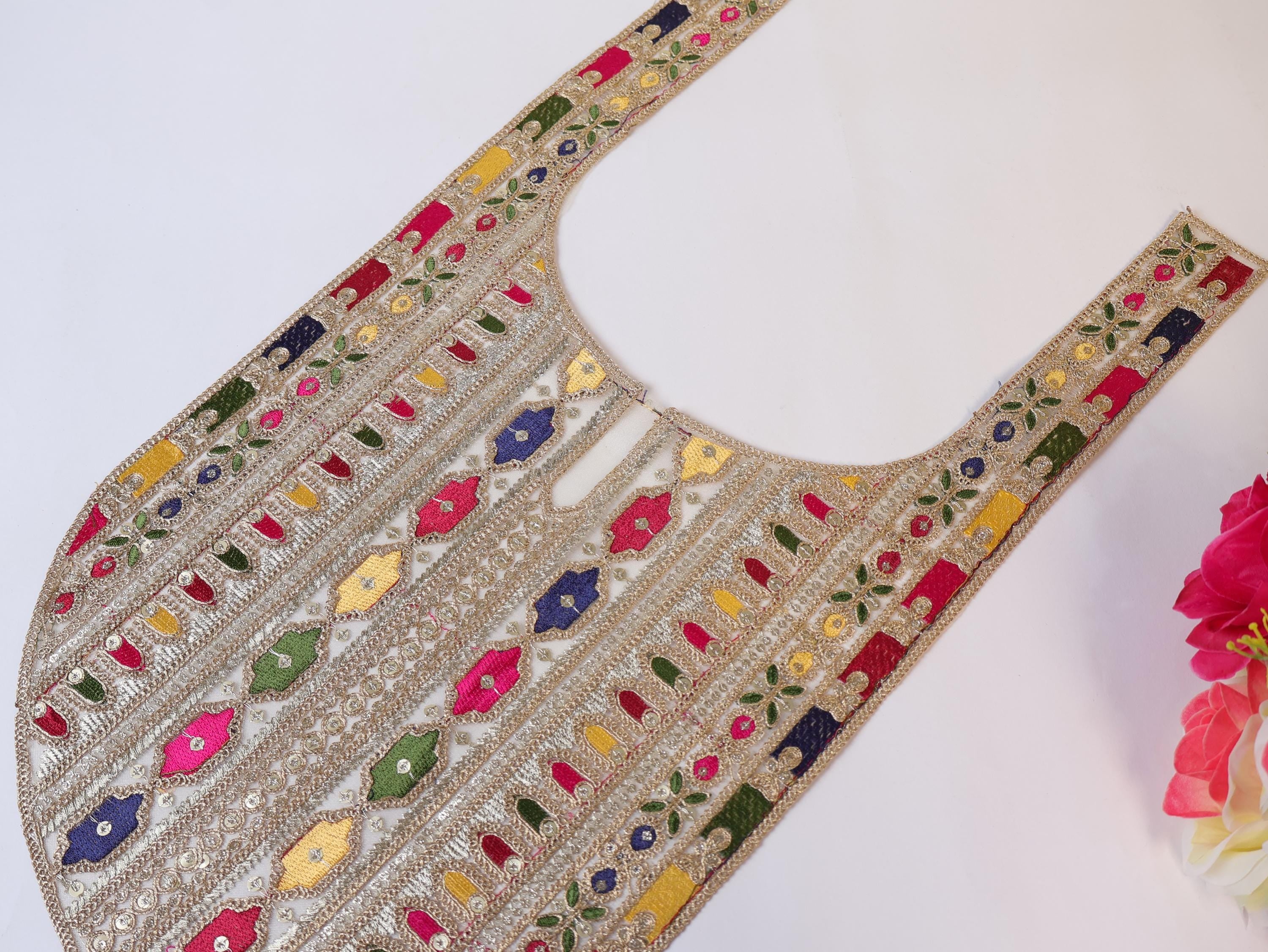 Embroidered Neckline Patch: Multi Color Zari Sequin Indian Applique