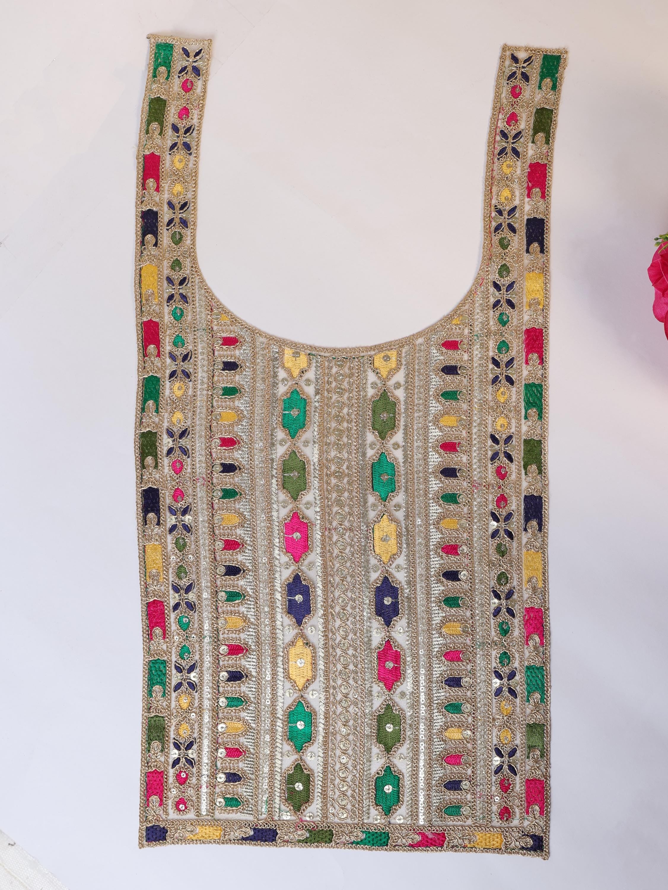 Embroidered Neckline Patch: Multicolor Zari Sequin Indian Applique