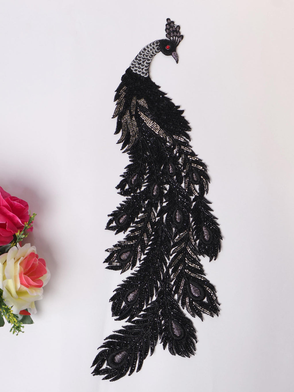 Black Sequin Peacock Applique Patch: Zardozi Embroidered Indian Garment Accessory