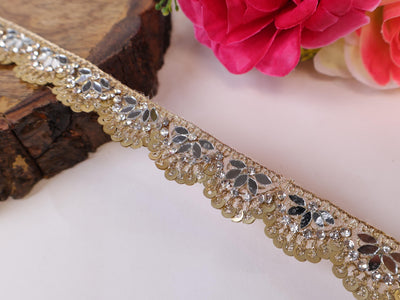 Zircon & Mirror Scalloped Trim Lace: Indian Sari Border, 9 Yards