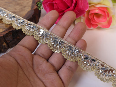 Zircon & Mirror Scalloped Trim Lace: Indian Sari Border, 9 Yards