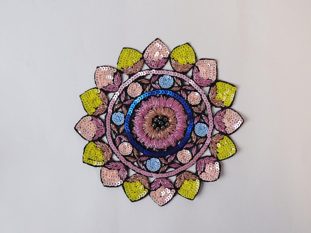 Hand-Embroidered Mandala Patch: Beaded Applique, Sew-On, 15cm