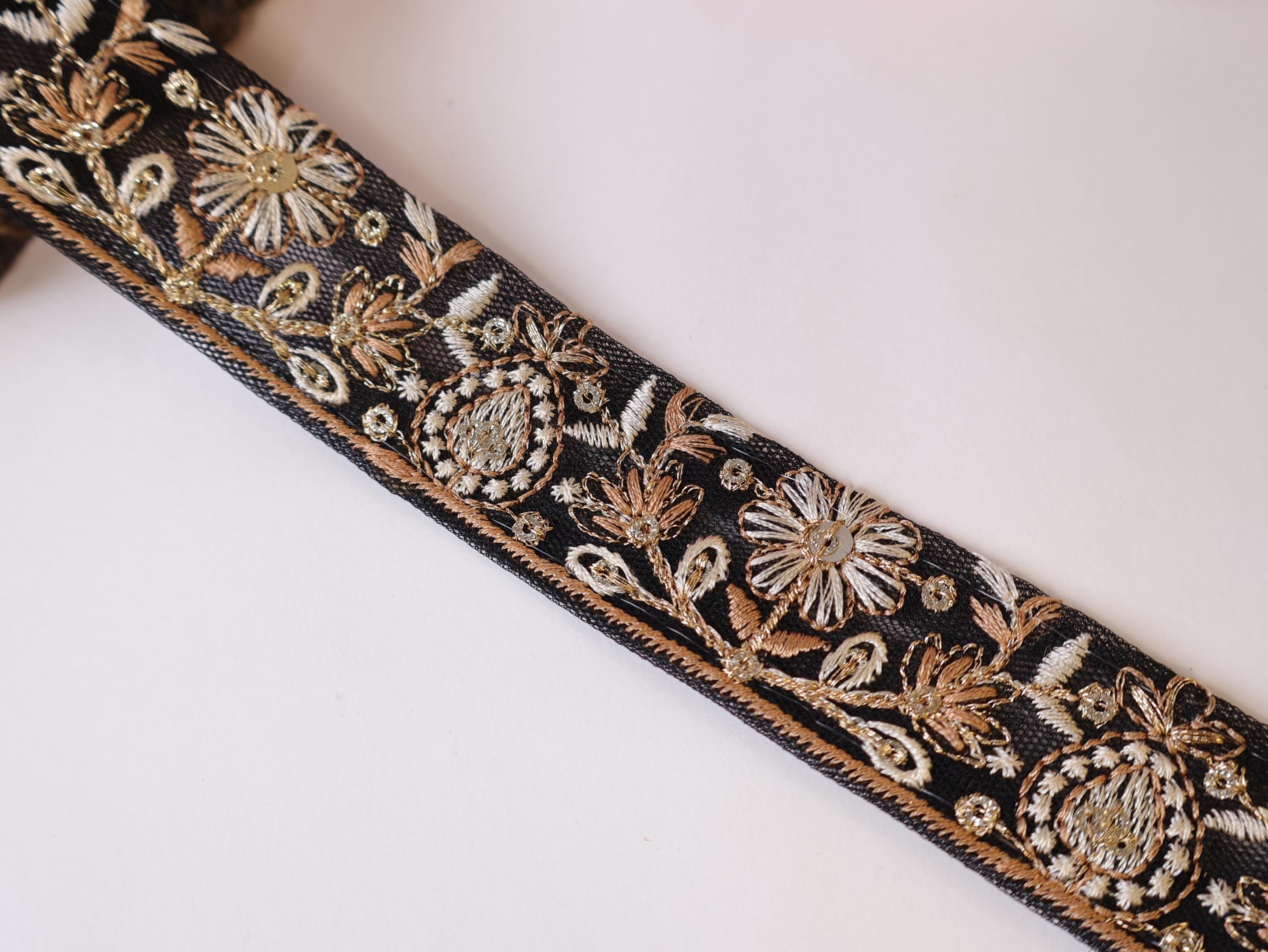 Black & Brown Threadwork Trim Lace: 1" Wide, 9 Yards