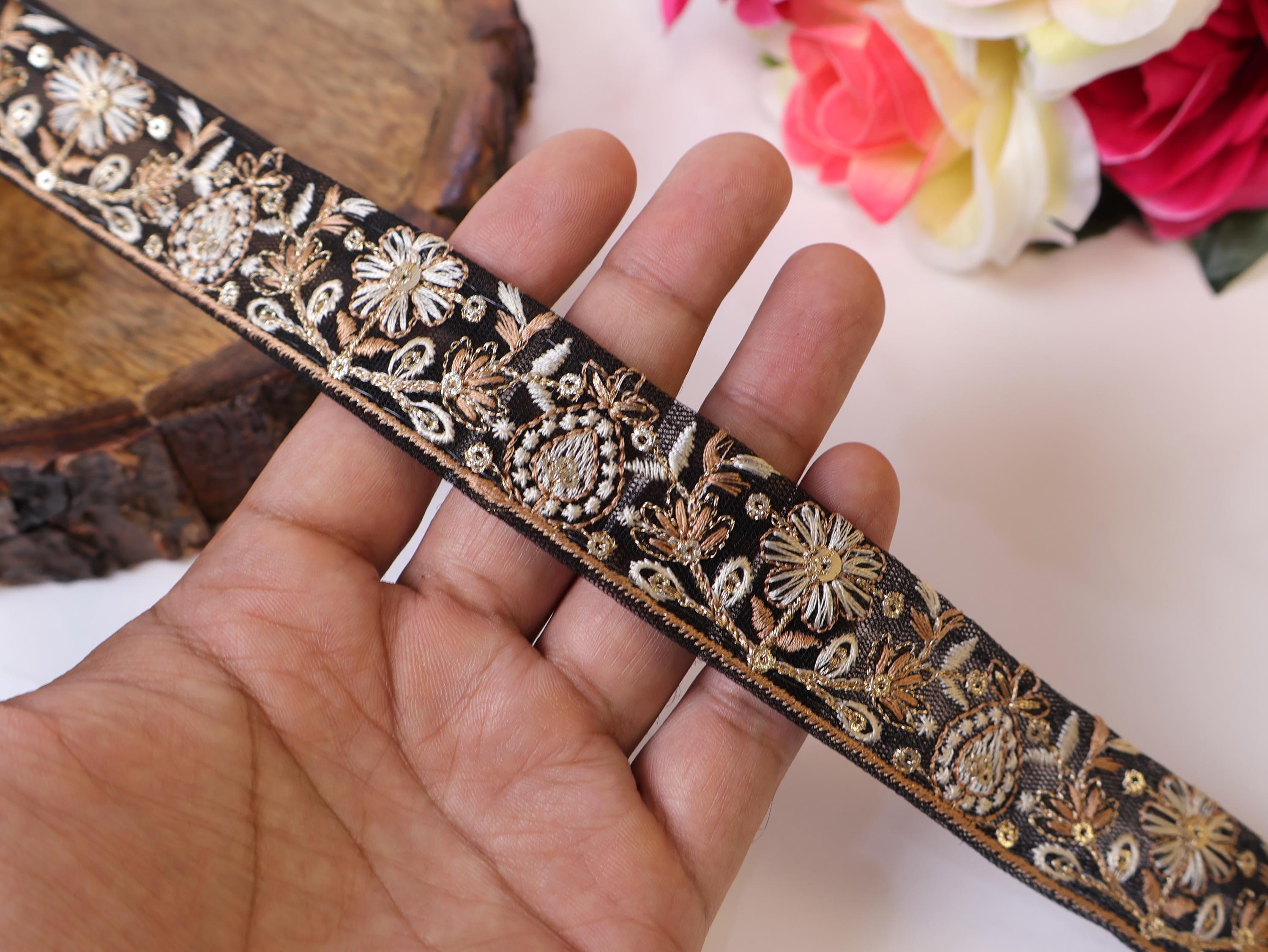 Black & Brown Threadwork Trim Lace: 1" Wide, 9 Yards