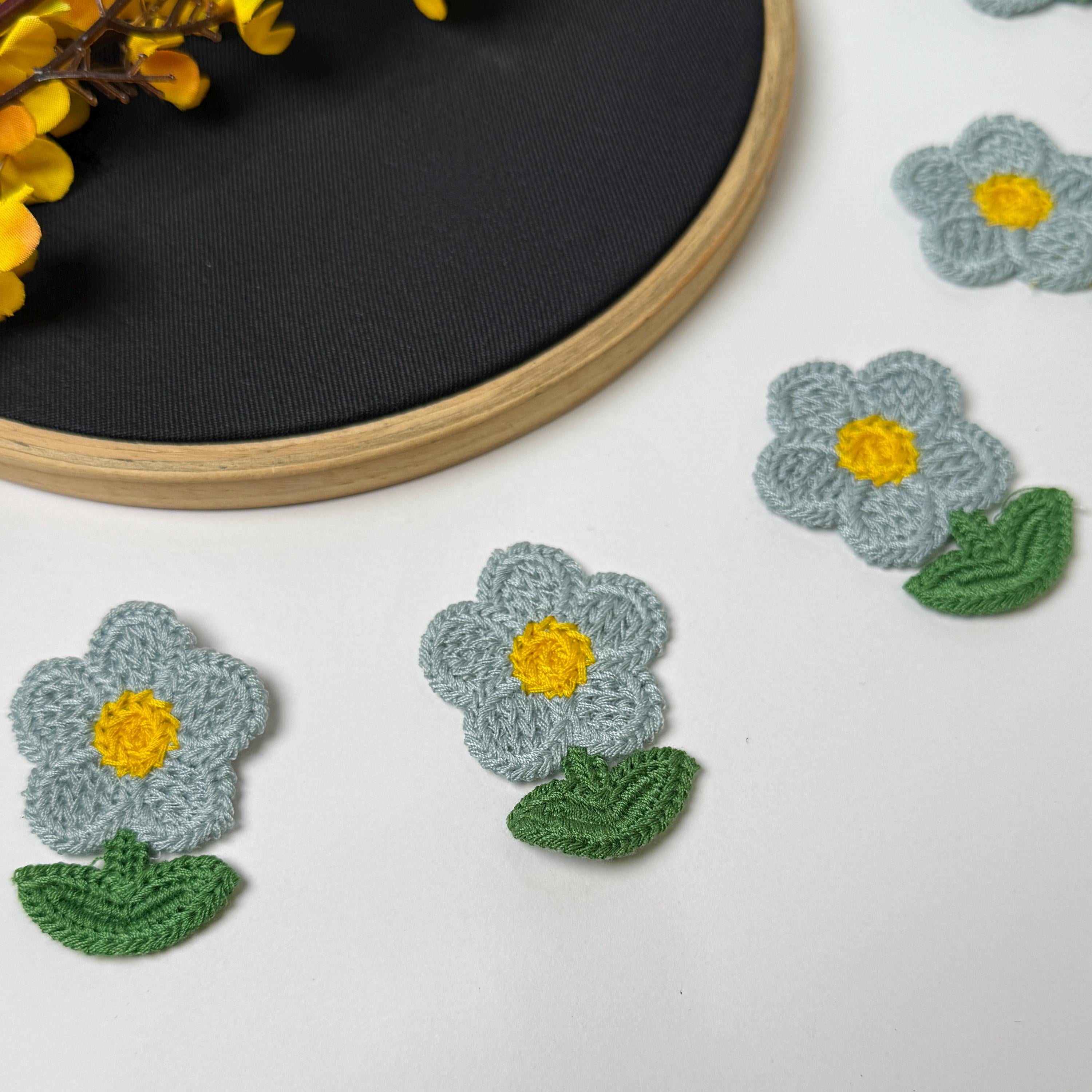 Floral Crochet Applique Patches: Blue & Yellow Embroidered Set