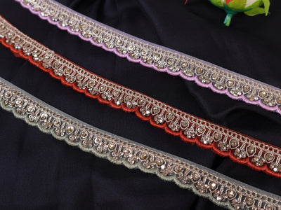 Threadwork Scalloped Trim Lace: Red, Pink, Olive Indian Sari Border