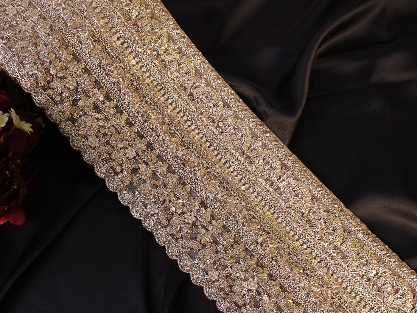 Antique Gold Floral Sequin Trim: Embroidered Sari Border, DIY Wedding Dress Lace