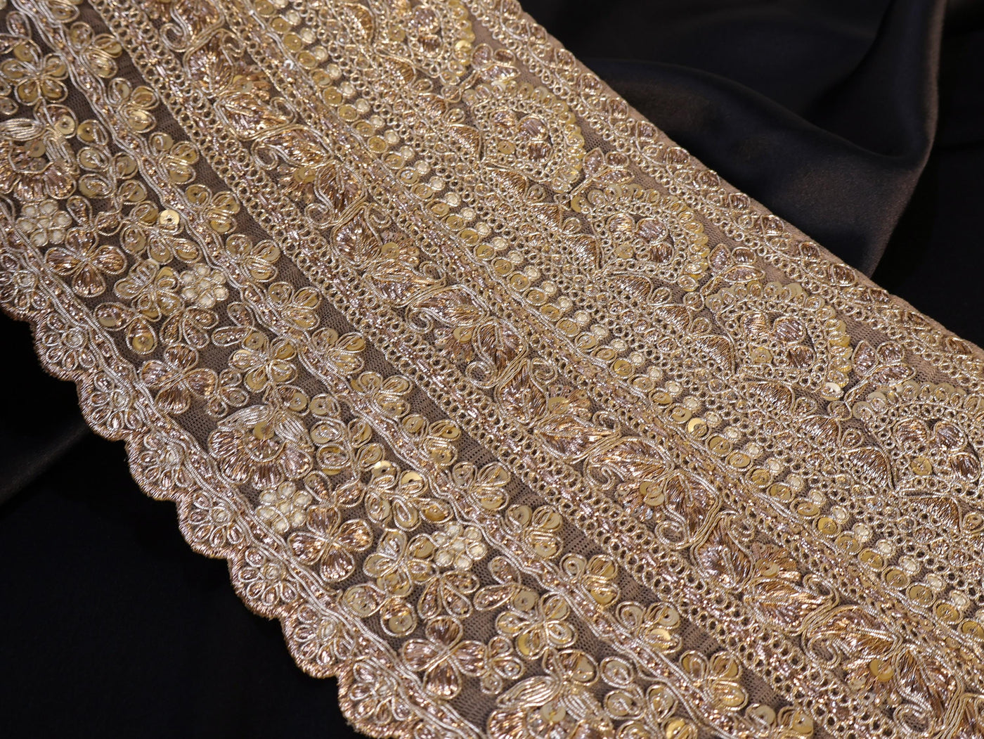 Antique Gold Floral Sequin Trim: Embroidered Sari Border, DIY Wedding Dress Lace
