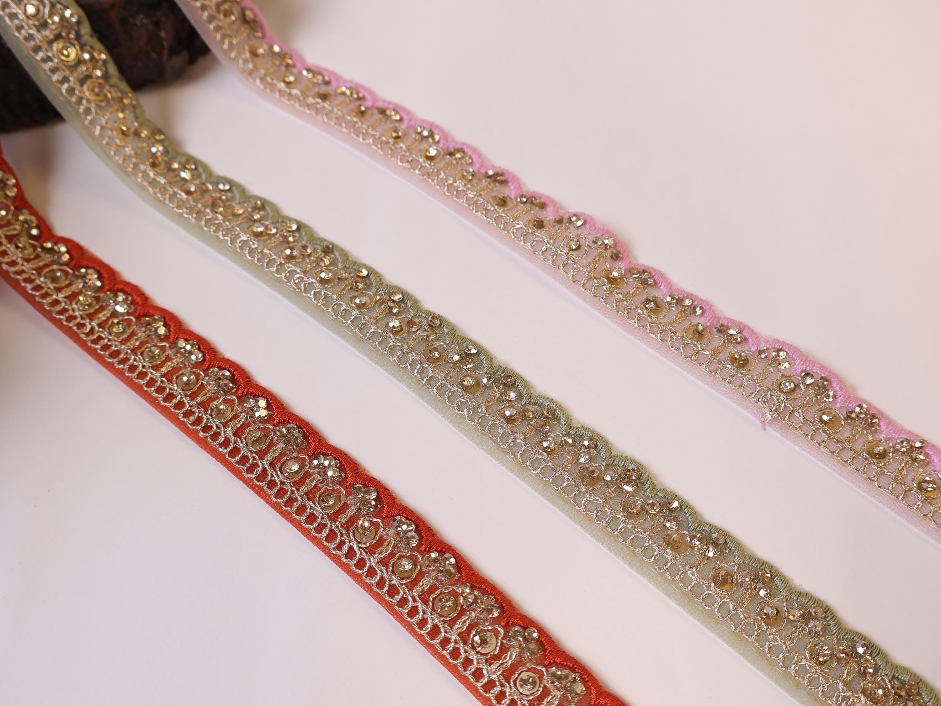 Threadwork Scalloped Trim Lace: Red, Pink, Olive Indian Sari Border