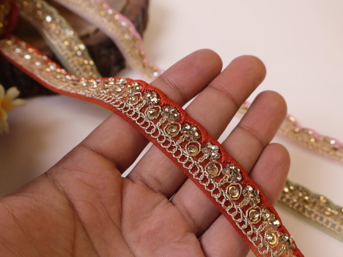 Threadwork Scalloped Trim Lace: Red, Pink, Olive Indian Sari Border