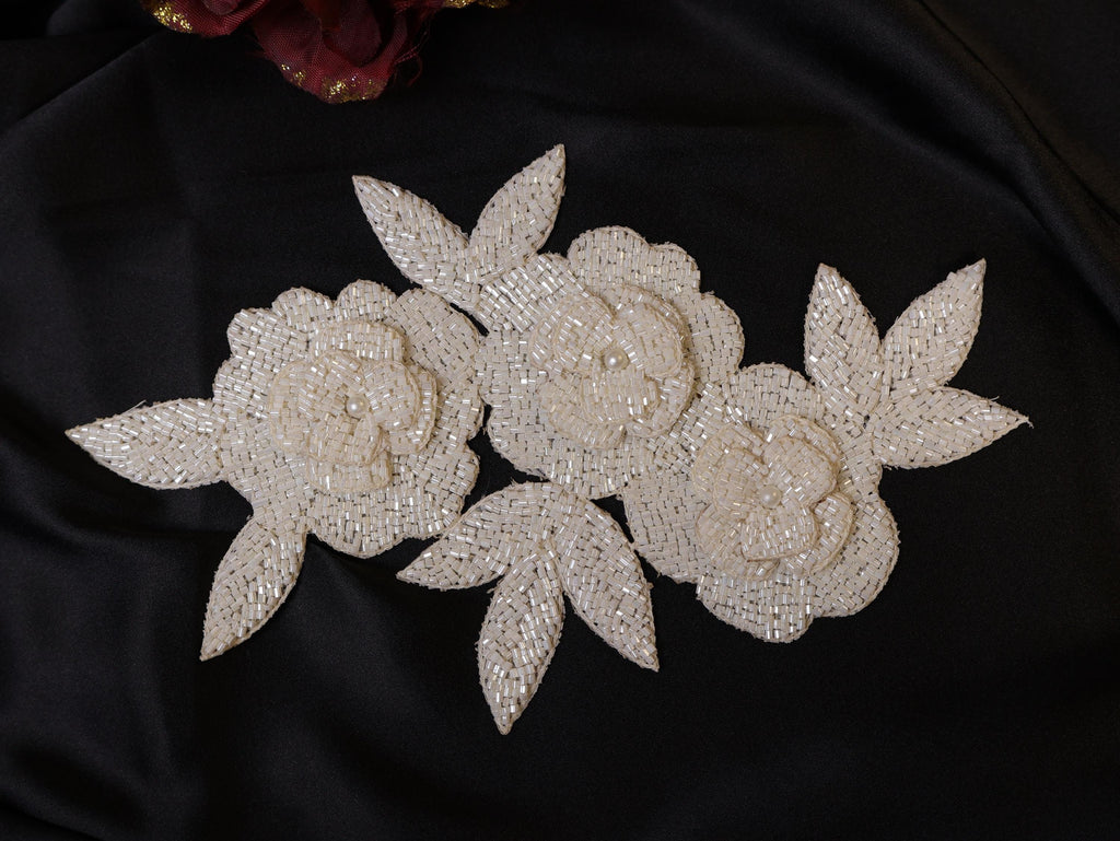 Beaded Floral Applique Patch: Handcrafted Indian Embroidery, Off-White, 20cm