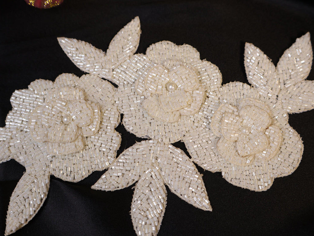 Beaded Floral Applique Patch: Handcrafted Indian Embroidery, Off-White, 20cm