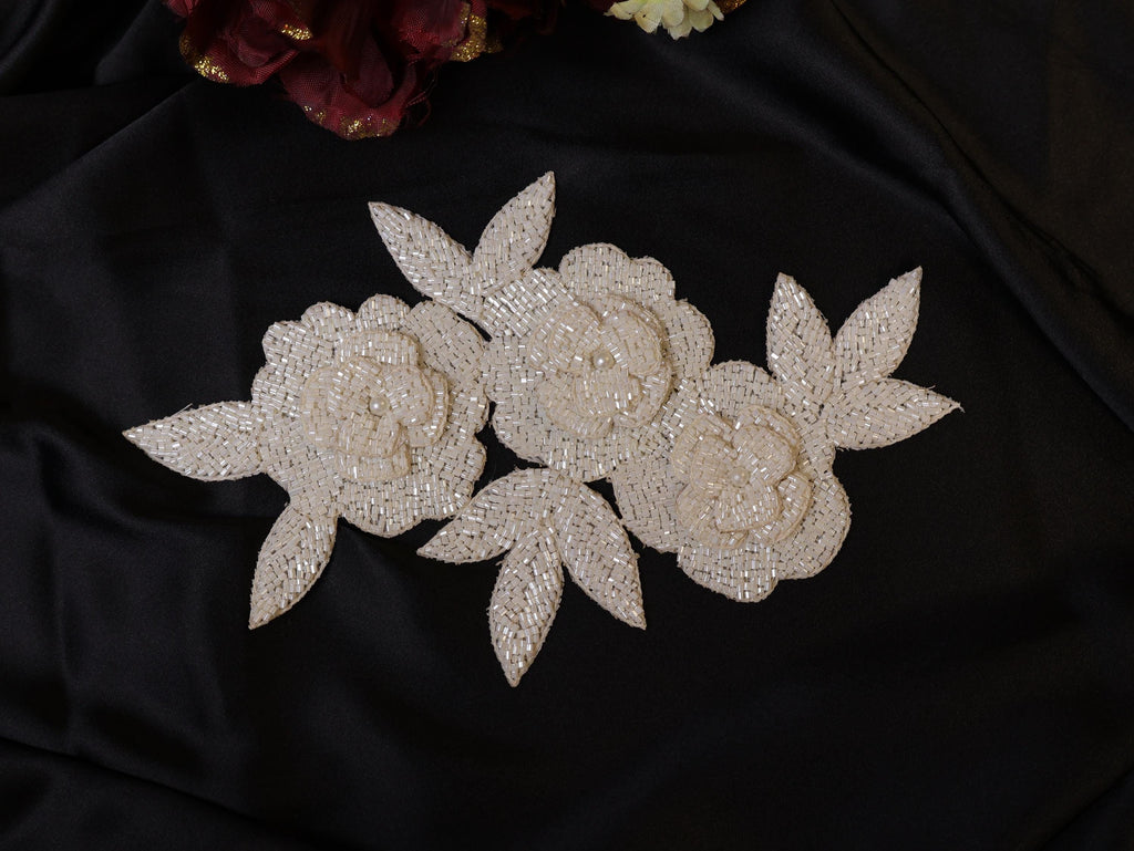 Beaded Floral Applique Patch: Handcrafted Indian Embroidery, Off-White, 20cm