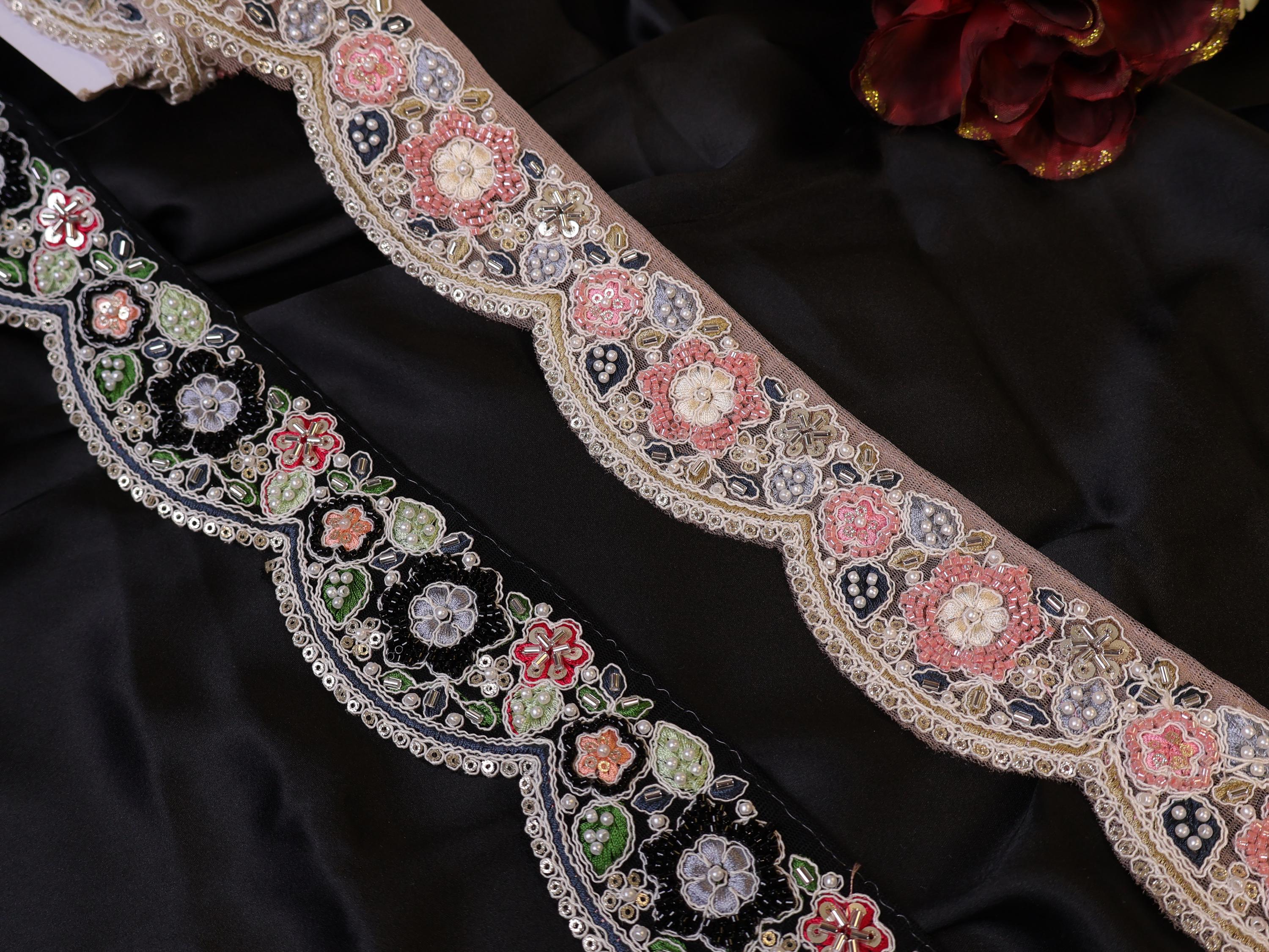 Floral Beaded Embroidered Lace: Light Pink/Black Indian Trim, 6cm Wide - 3 Yards