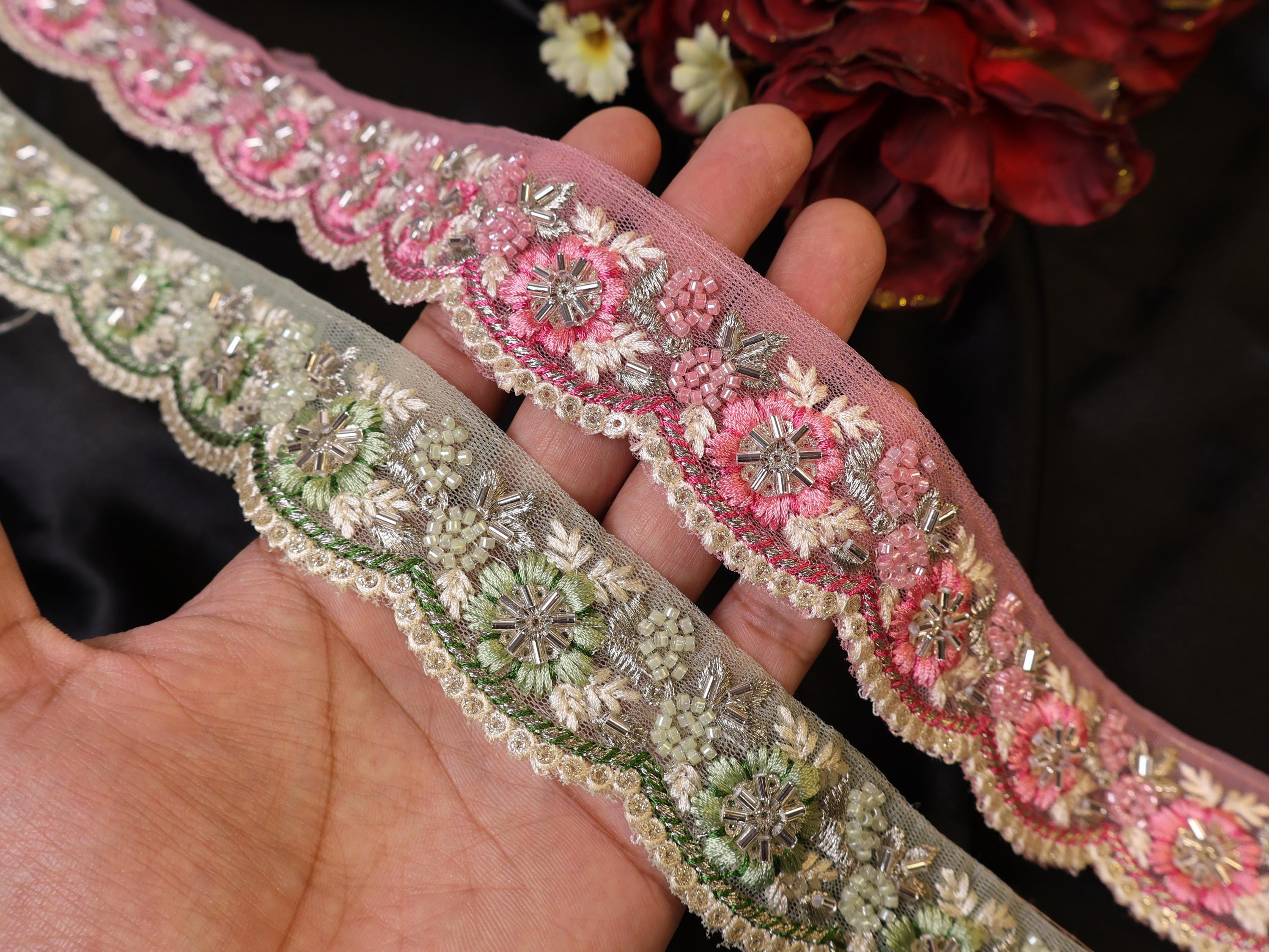 Floral Beaded Embroidered Lace: Pink & Green Indian Trim, 3 Yards