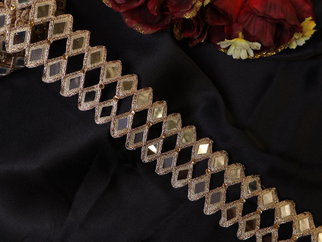 Rose Gold Mirror Cutwork Sari Trim: Indian Vine Lace, 4cm Wide