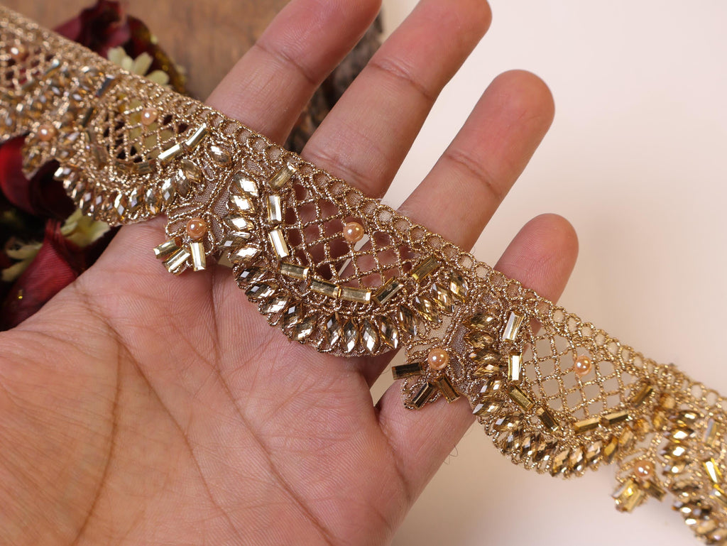 Champagne Gold Rhinestone Kundan Jali Trim: Indian Sari Embellishment