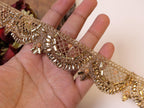 Champagne Gold Rhinestone Kundan Jali Trim: Indian Sari Embellishment