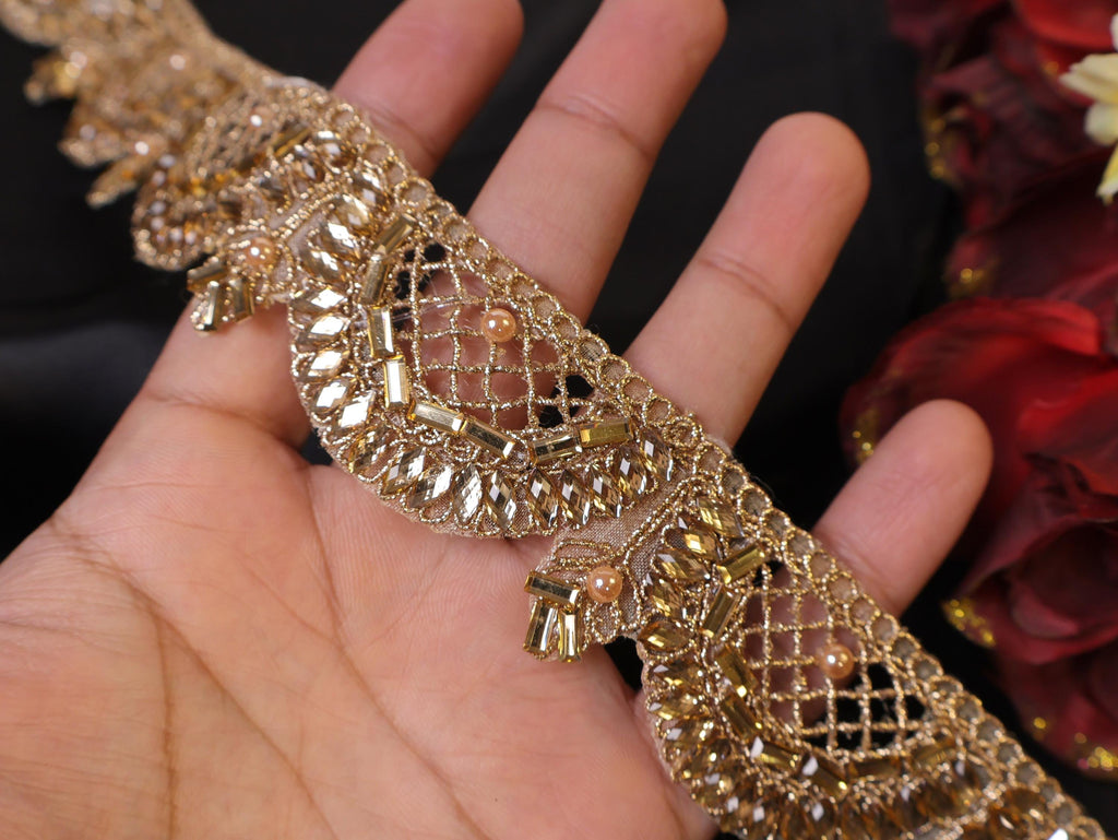 Champagne Gold Rhinestone Kundan Jali Trim: Indian Sari Embellishment