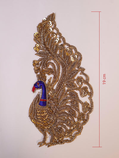Zardozi Peacock Applique Patch: Hand Embroidered Indian Garment Accessory