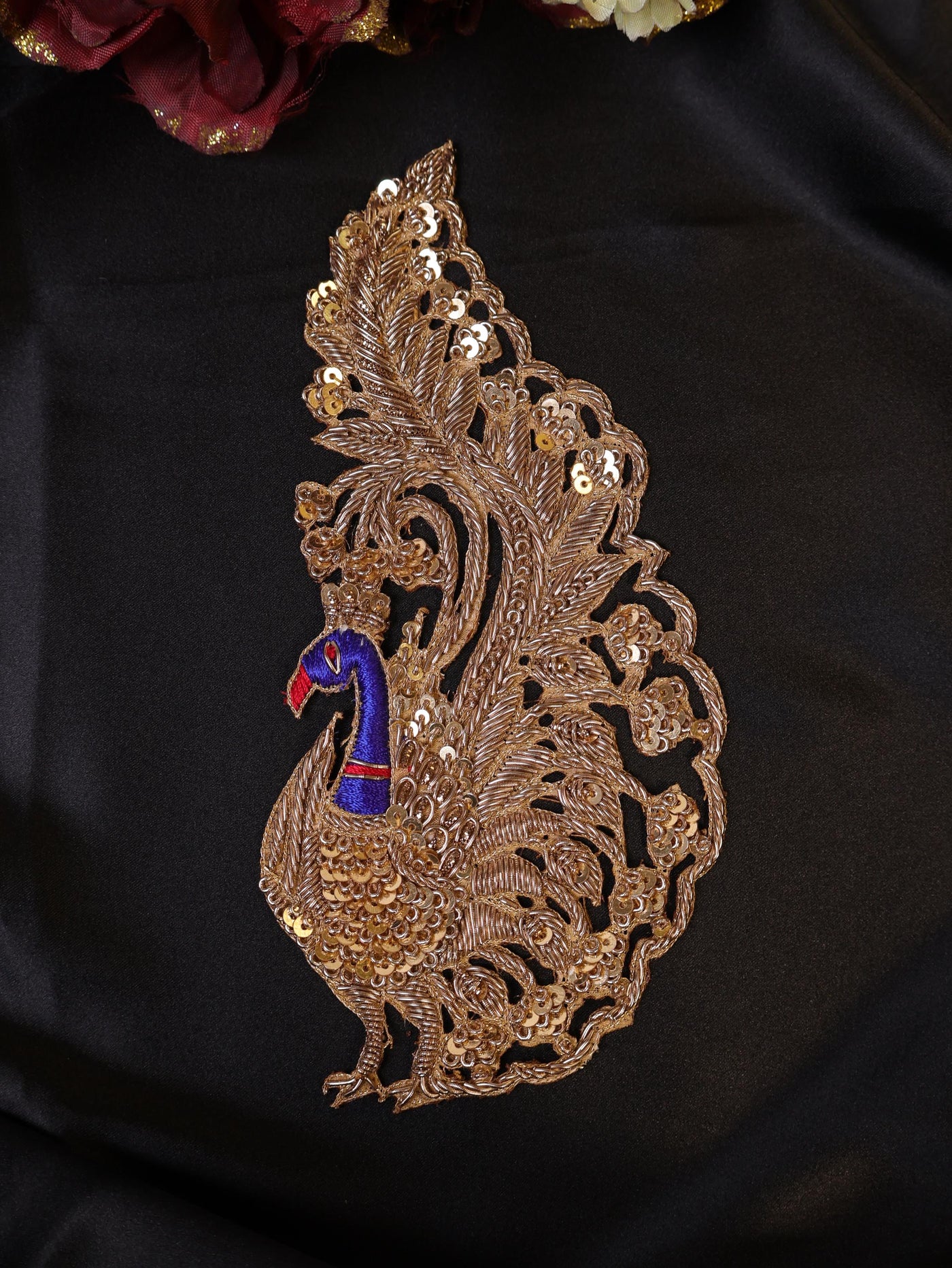 Zardozi Peacock Applique Patch: Hand Embroidered Indian Garment Accessory