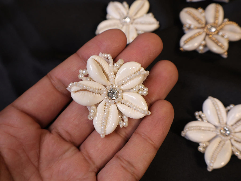 Cowrie Shell Applique Patches: Beaded Floral Boho Embellishments, Set of 5