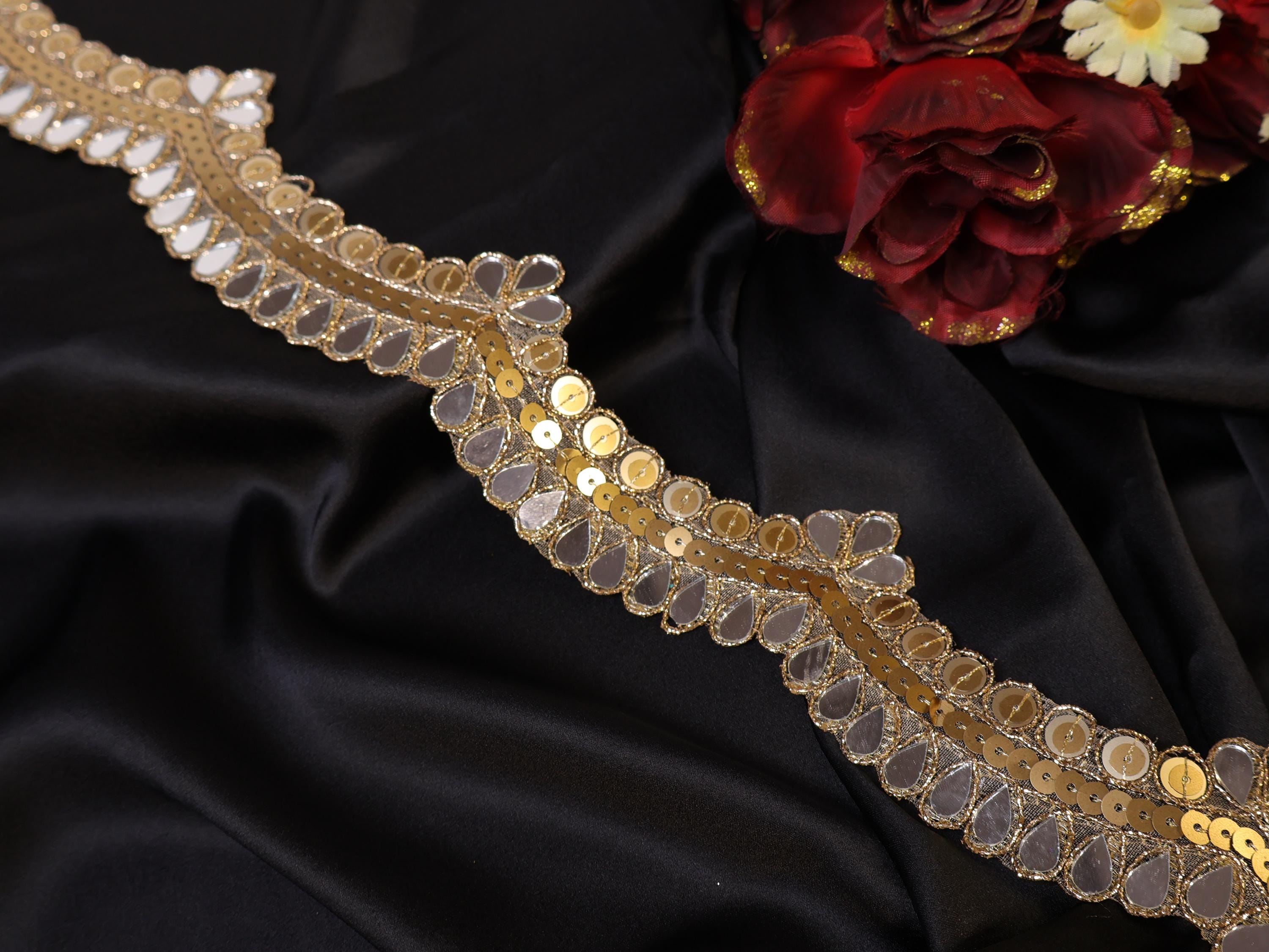 Antique Gold Mirrorwork Trim: Scalloped Sequin Lace, 3.5cm Wide