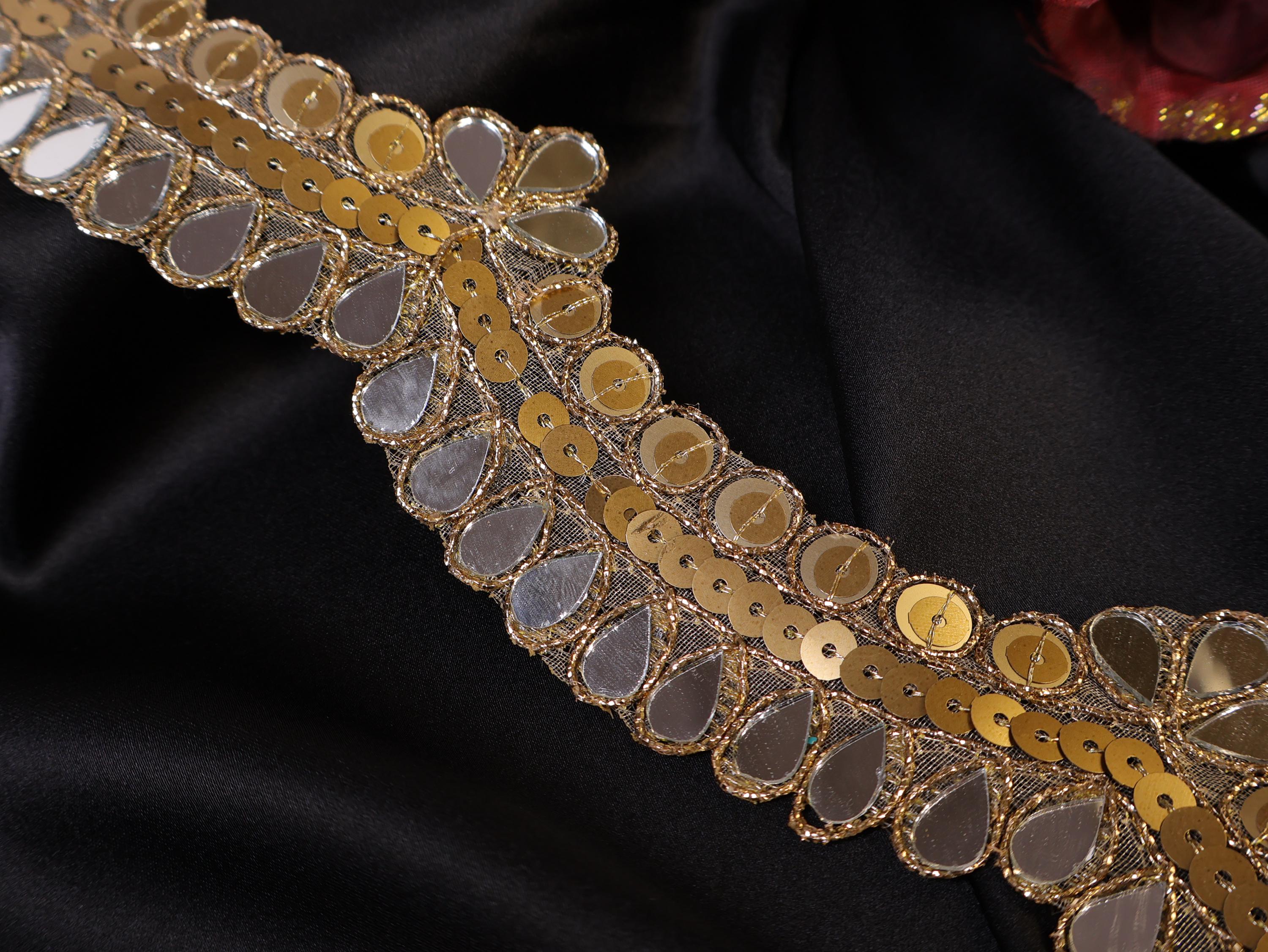 Antique Gold Mirrorwork Trim: Scalloped Sequin Lace, 3.5cm Wide