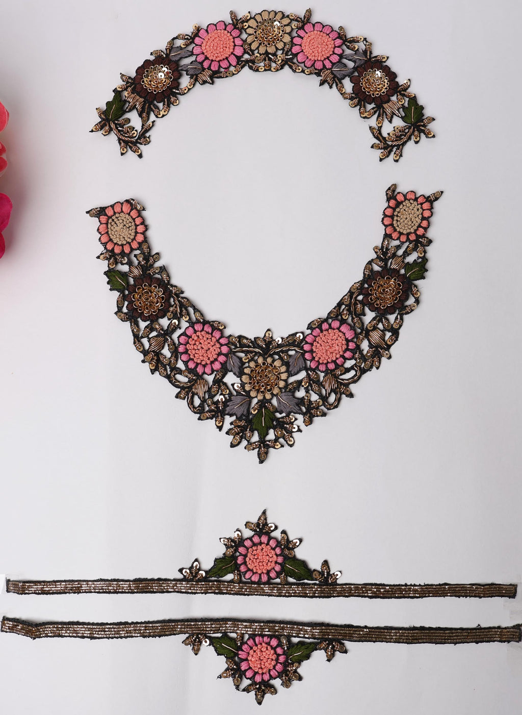 Floral Embroidered Neckline Patch Set: Indian Threadwork Appliqué