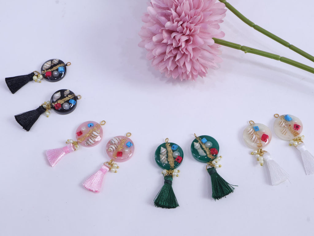 Boho Shell Tassel Buttons: Epoxy Fringe, DIY Crafting - 5 Pack