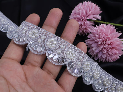 Silver Scalloped Sari Border Lace: Pearl & Mirror Embellished, 1.5" Wide