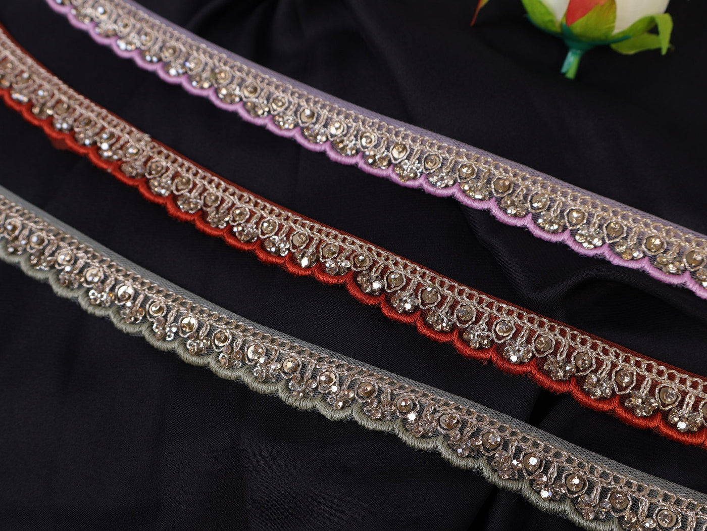 Threadwork Scalloped Trim Lace: Red, Pink, Olive Indian Sari Border