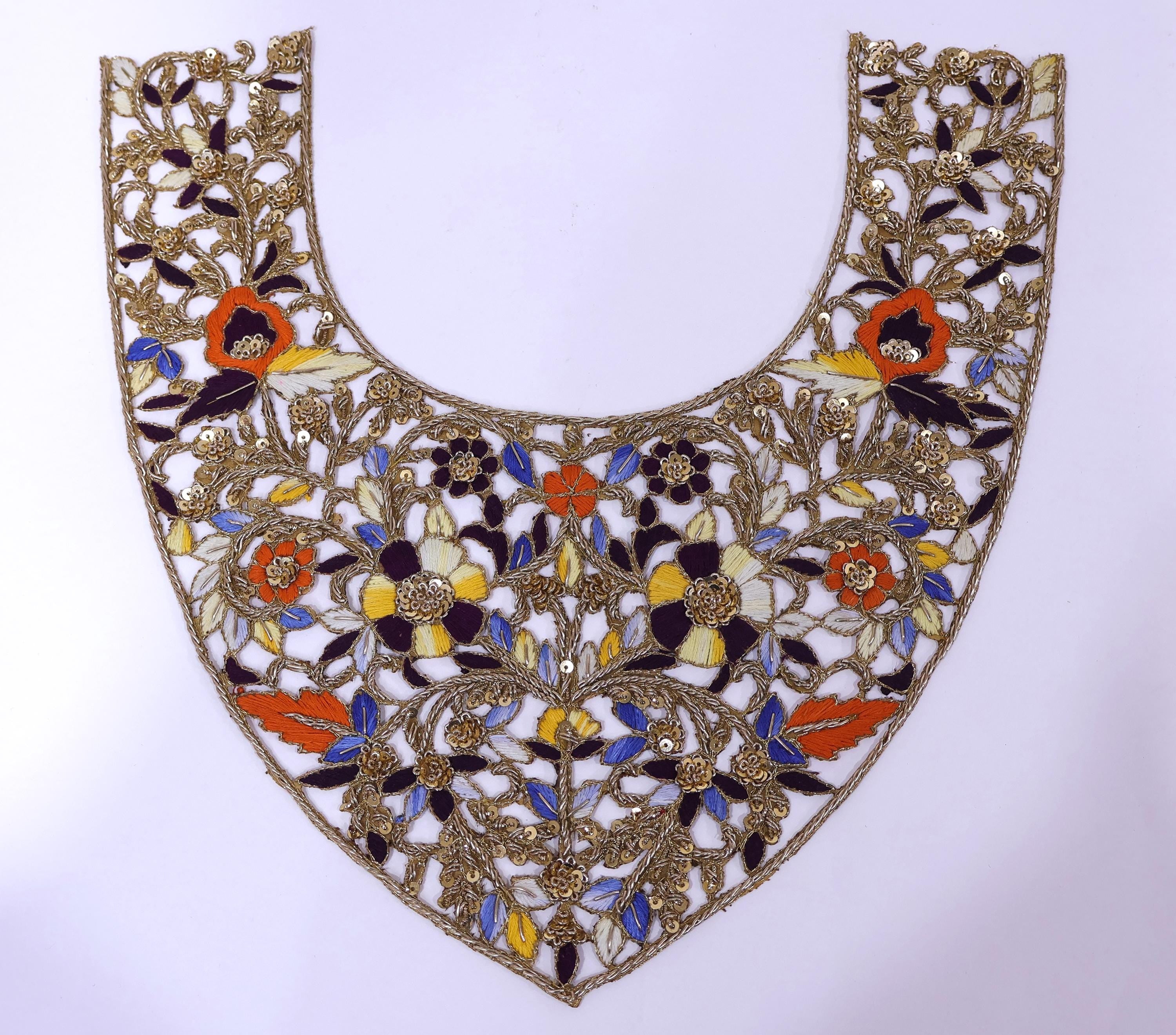 Floral Zardozi Embroidered Neckline Patch with Sleeves: Antique Gold Applique