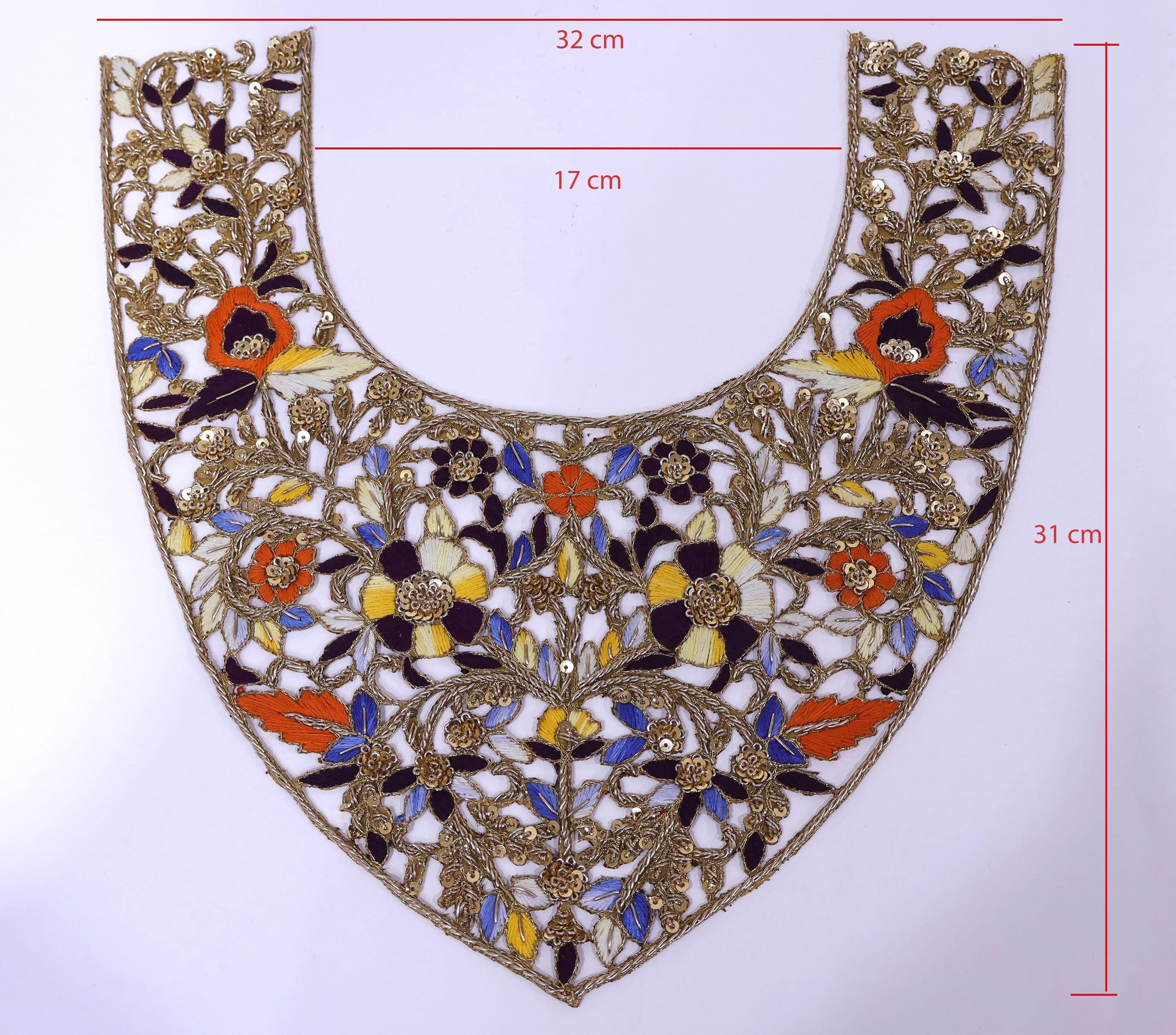 Floral Zardozi Embroidered Neckline Patch with Sleeves: Antique Gold Applique