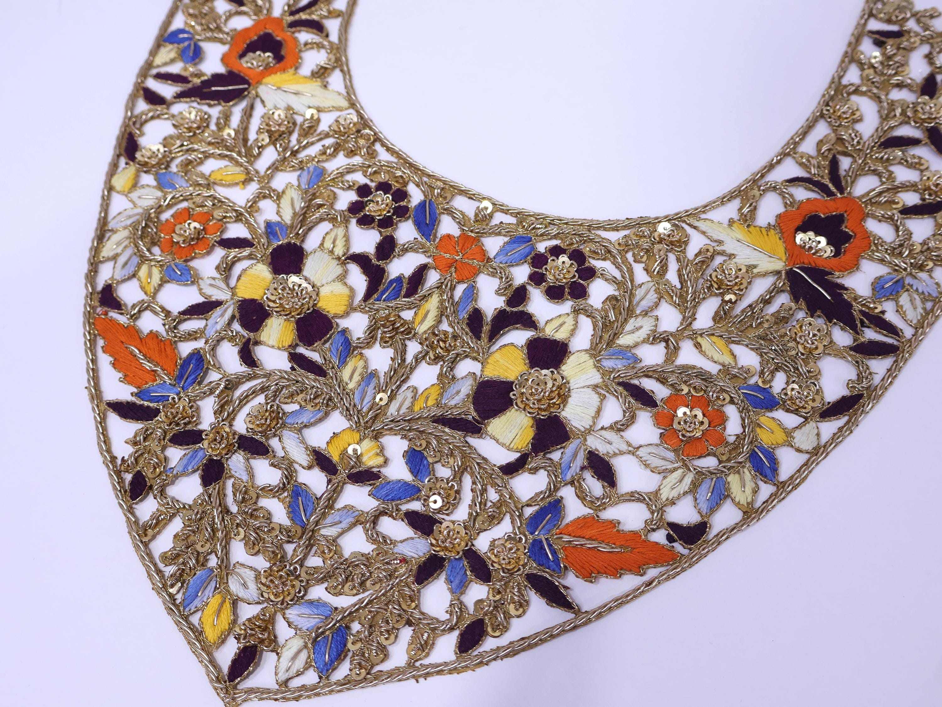 Floral Zardozi Embroidered Neckline Patch with Sleeves: Antique Gold Applique