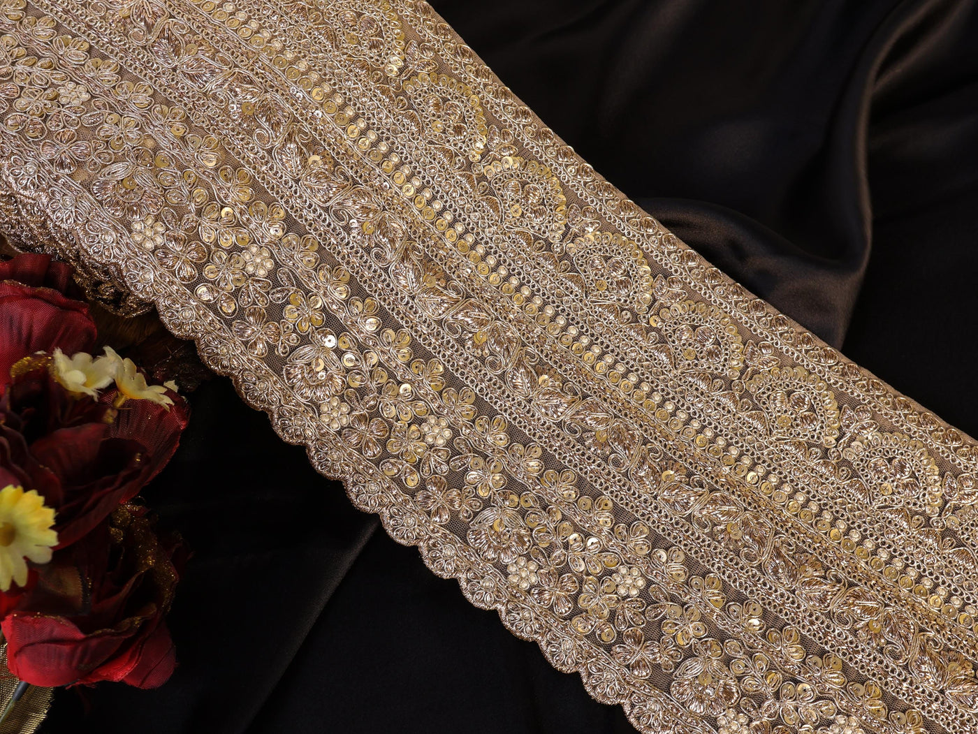 Antique Gold Floral Sequin Trim: Embroidered Sari Border, DIY Wedding Dress Lace