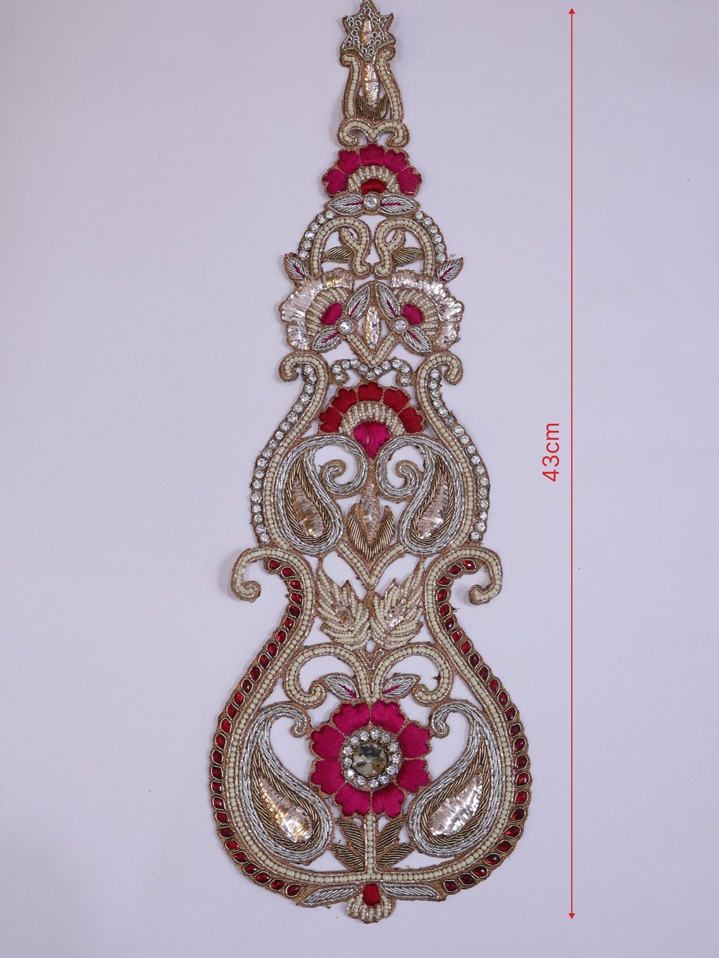 Zardozi Kalash Applique Patch: Indian Embroidered Pearl Embellishment (43x14cm)